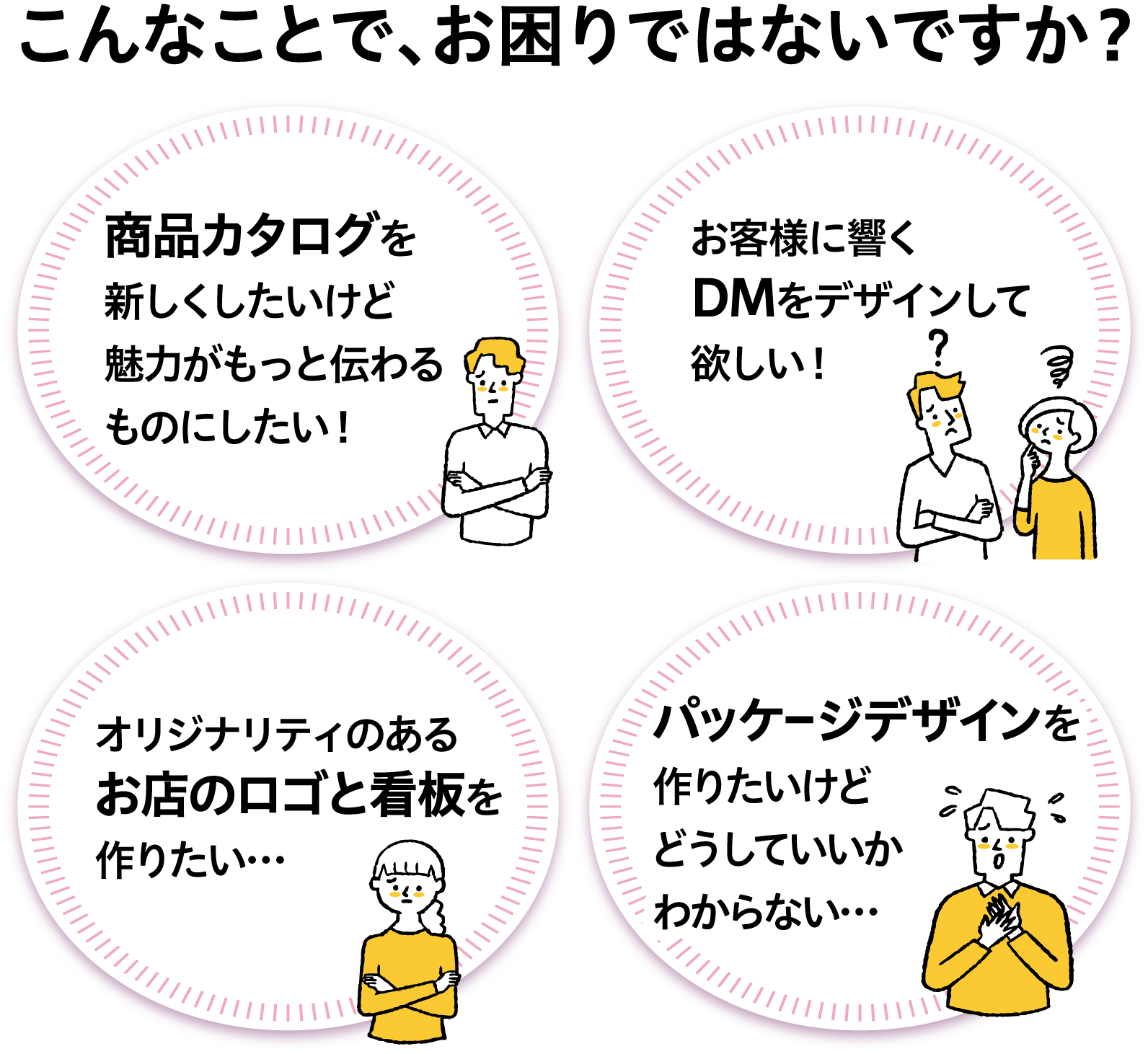 こんなことで、お困りではないですか？商品カタログを新しくしたいけど、魅力がもっと伝わるものにしたい！お客様に響くDMをデザインして欲しい！オリジナリティのあるお店のロゴと看板を作りたい…パッケージデザインを作りたいけど、どうしていいかわからない…