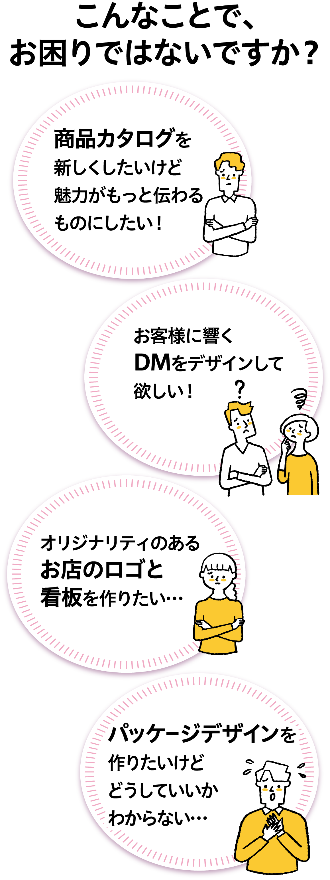 こんなことで、お困りではないですか？商品カタログを新しくしたいけど、魅力がもっと伝わるものにしたい！お客様に響くDMをデザインして欲しい！オリジナリティのあるお店のロゴと看板を作りたい…パッケージデザインを作りたいけど、どうしていいかわからない…